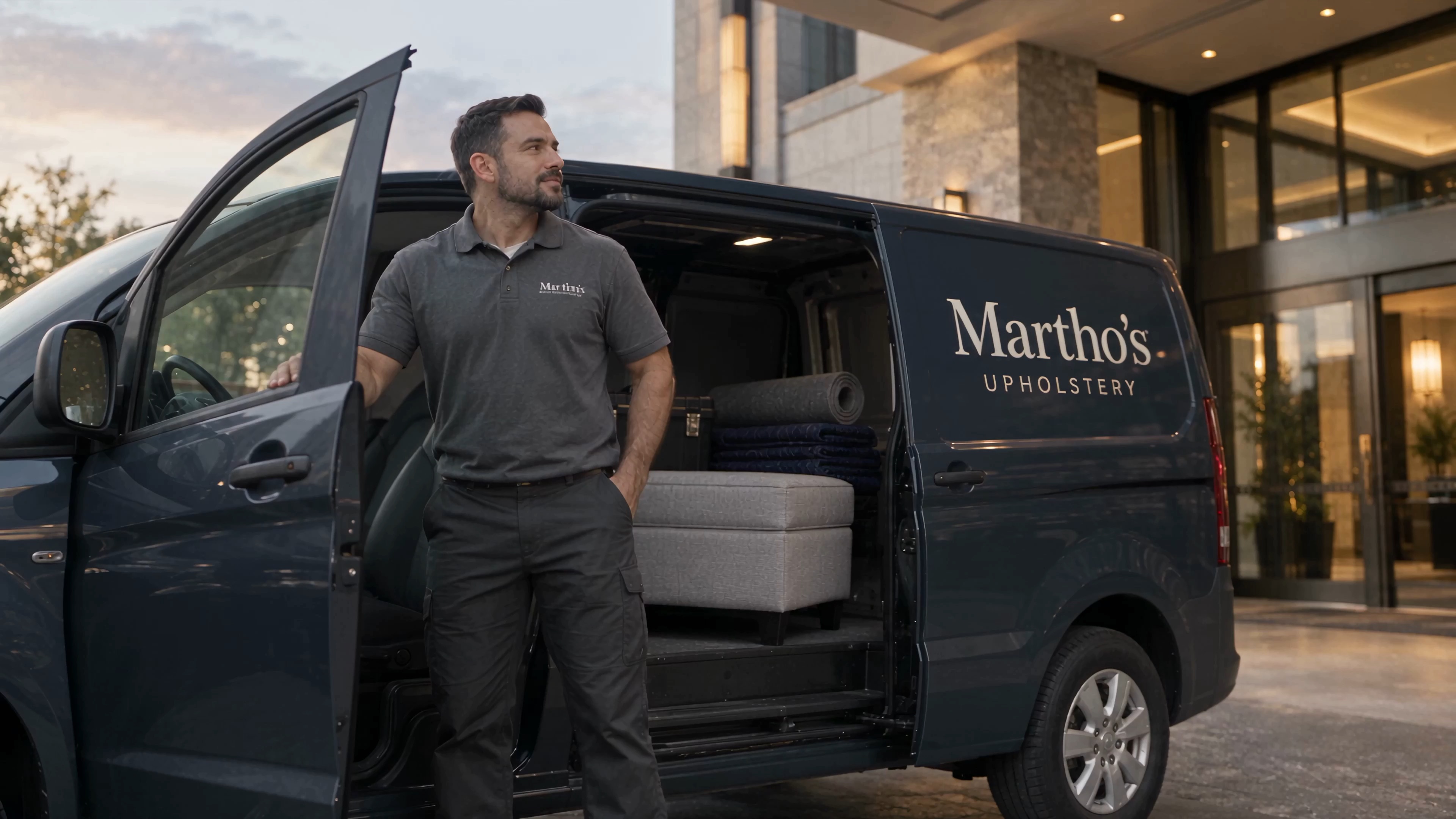 Marthos upholsterer arriving at a hotel in a branded van